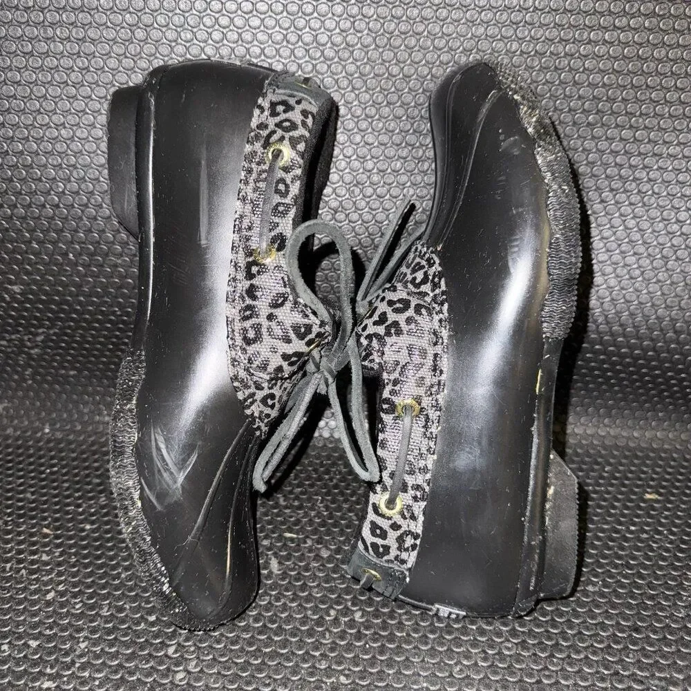 Sperry Saltwater 1-Eye Cozy Rain Duck Boot Black Cheetah Print Shoe Women Size 8